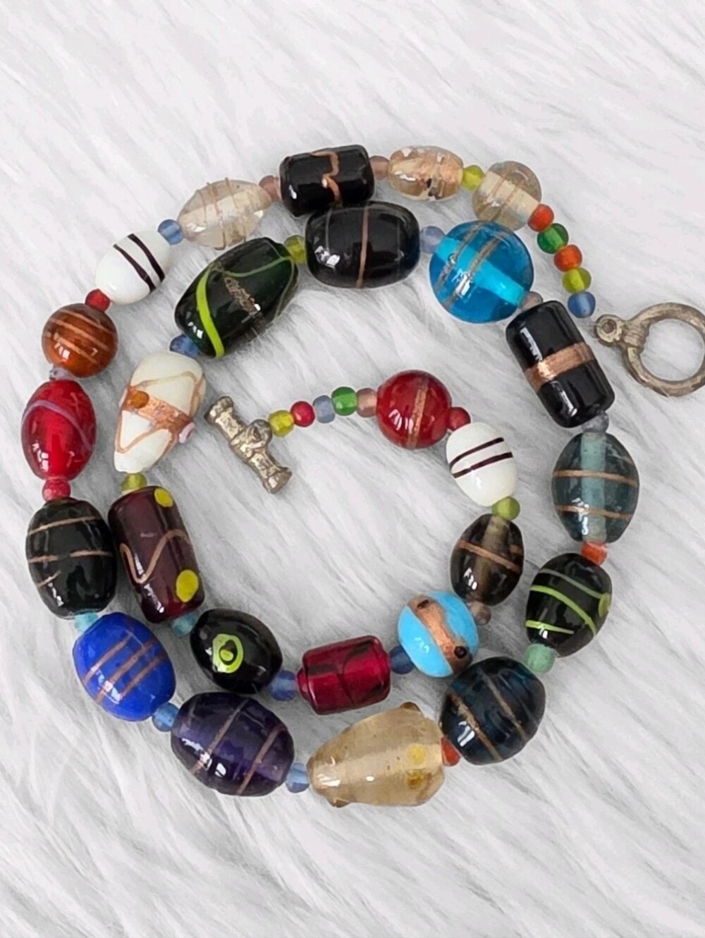 Vintage Venetian Style Art Glass Bead Necklace Chunky Rainbow Wedding Cake 22"